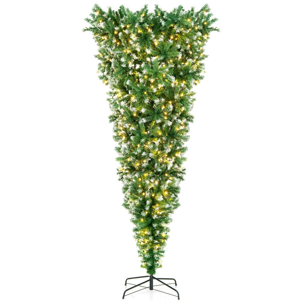 Goplus 7.5ft Pre-Lit Upside Down Christmas Tree, Inverted Hinged Xmas Tree with 400 Warm LED Lights, 8 Lighting Modes, 1100 PVC Branch Tips, Artificial Decoration Tree for Indoor Home Office Party
