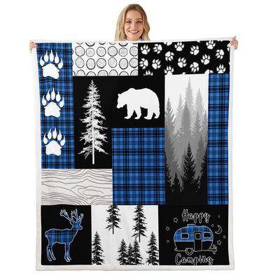 Woodland Throw, Hunting Bear Deer Patchwork Blue Buffalo Plaid Blanket, Camper Decor, Rustic Cabin Barn Door Fleece, Wildlife Paw Print Pine Trees Sherpa, 90"x90"