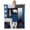 Woodland Throw, Hunting Bear Deer Patchwork Blue Buffalo Plaid Blanket, Camper Decor, Rustic Cabin Barn Door Fleece, Wildlife Paw Print Pine Trees Sherpa, 90"x90" view 1