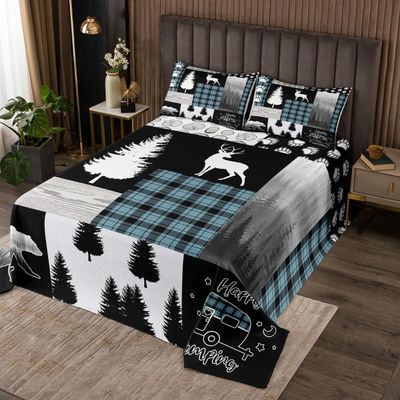 Woodland Quilt Set Hunting Bear Deer Patchwork Teal Buffalo Plaid Bedspread Set Queen Size,Rustic Cabin Barn Door Coverlet Set Boys Girls Camper Decor,Wildlife Paw Print Pine Trees Bedding Set