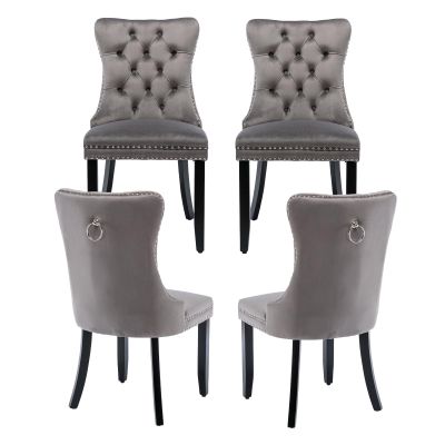 MZDOO Grey Velvet Dining Chairs Set of 4, Tufted Upholstered Dining Room Chairs with Back Ring Pull, Nailhead Trim and Solid Wood Legs, Modern Dining Chair for Dining Room, Kitchen(Grey)