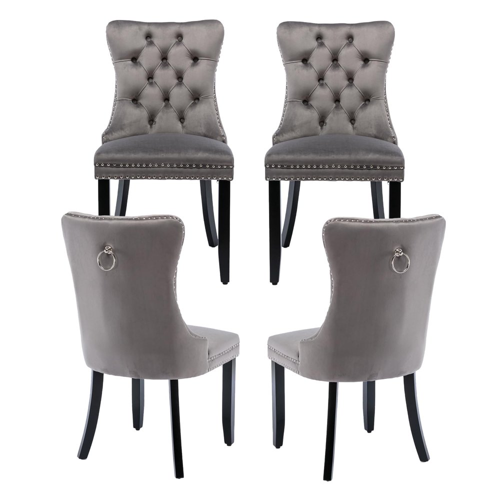 MZDOO Grey Velvet Dining Chairs Set of 4, Tufted Upholstered Dining Room Chairs with Back Ring Pull, Nailhead Trim and Solid Wood Legs, Modern Dining Chair for Dining Room, Kitchen(Grey)