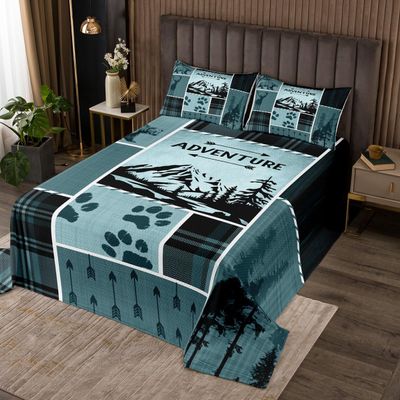 Castle Fairy Camping Adventure Bedspread King Size for Adult Women,Deer Antler Bear Animals Arrow Hunt Quilt Set with 2 Pillowcases,Country Plaid Lodge Trees Decor Bedding Quilted,Breathable