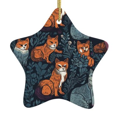 Cat Print Christmas Ornament Christmas Ceramic Hanging Ornaments with Gold Ribbon Star Shape Ornament Hanging for Christmas Tree Xmas Tree Decorations for Home Decor