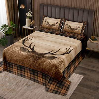 Castle Fairy Deer Antler Bedspread for Kids Boys,Rustic Farmhouse Wooden Board Barn Coverlet Set Room Decor Bed Cover,Animal Retro Plaid Geometric Quilt Set with 1 Pillow Sham, Twin Size