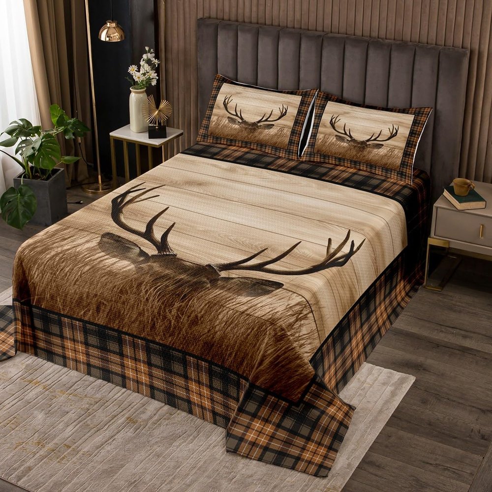 Castle Fairy Deer Antler Bedspread for Kids Boys,Rustic Farmhouse Wooden Board Barn Coverlet Set Room Decor Bed Cover,Animal Retro Plaid Geometric Quilt Set with 1 Pillow Sham, Twin Size