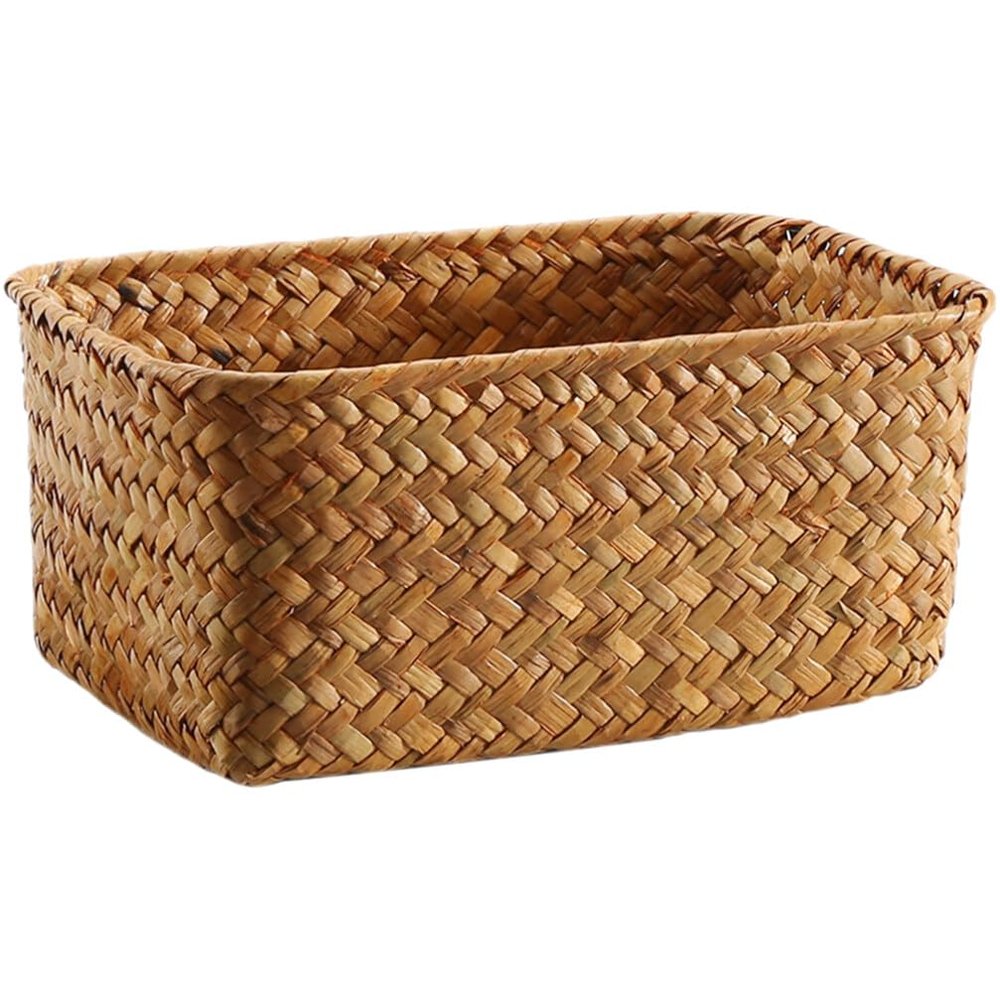 PRETYZOOM Seagrass Storage Baskets, Rectangular Hand Woven Storage Bin Multipurpose Desktop Seagrass Basket Kids Room Toys Organizer Small Fruits Baskets for Kitchen (15x21cm)