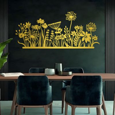 Metal Flowers Wall Decor, Wildflower Metal Wall Art, Metal Wall Flowers, Flower Meadow Wall Art, Minimalist Flower Wall Art, Metal Wall Art for Bedroom, Indoor Outdoor Wall Decor (Gold, 24"x11" | 60x27cm)