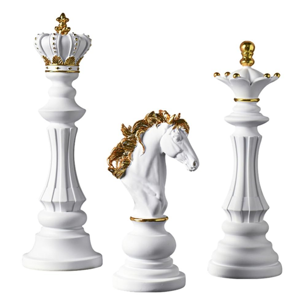 jweemax Large International Chess Statue, Aesthetic Figurines, King, Queen, and Knight Sculpture Set, White