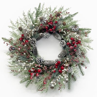 Christmas Wreath for Front Door, 24 inch Winter Wreaths with Natural Pine Cones, Red Berries,Spruce Branches,Xmas Indoor Outdoor Holiday Party Thanksgiving Decorations
