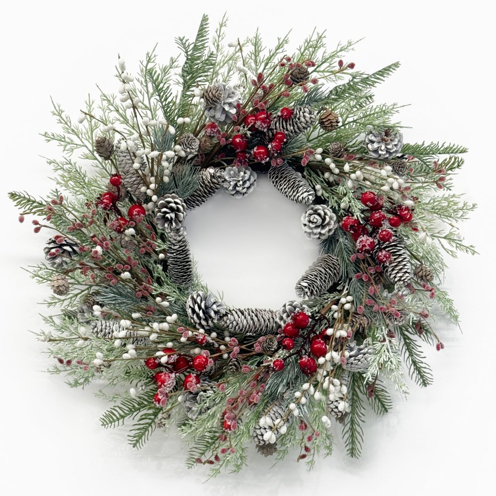 Christmas Wreath for Front Door, 24 inch Winter Wreaths with Natural Pine Cones, Red Berries,Spruce Branches,Xmas Indoor Outdoor Holiday Party Thanksgiving Decorations