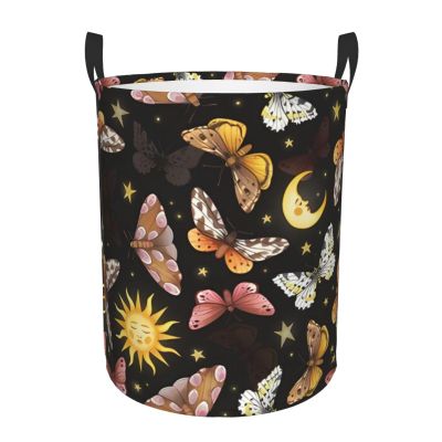 Watercolor Butterflies Sun Moon Moths Laundry Hamper with Durable Handle Waterproof Foldable Laundry Basket Circular Dirty Clothes Storage Basket for Bathroom Bedroom Dorm Nursery