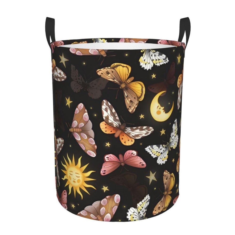 Watercolor Butterflies Sun Moon Moths Laundry Hamper with Durable Handle Waterproof Foldable Laundry Basket Circular Dirty Clothes Storage Basket for Bathroom Bedroom Dorm Nursery
