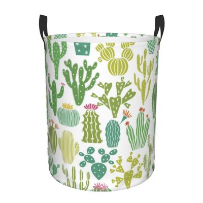 Cactus Plant Cacti Flower Laundry Basket Waterproof Foldable Laundry Hamper with Durable Handle Circular Storage Basket Dirty Clothes Bag for Home Bathroom Office Nursery