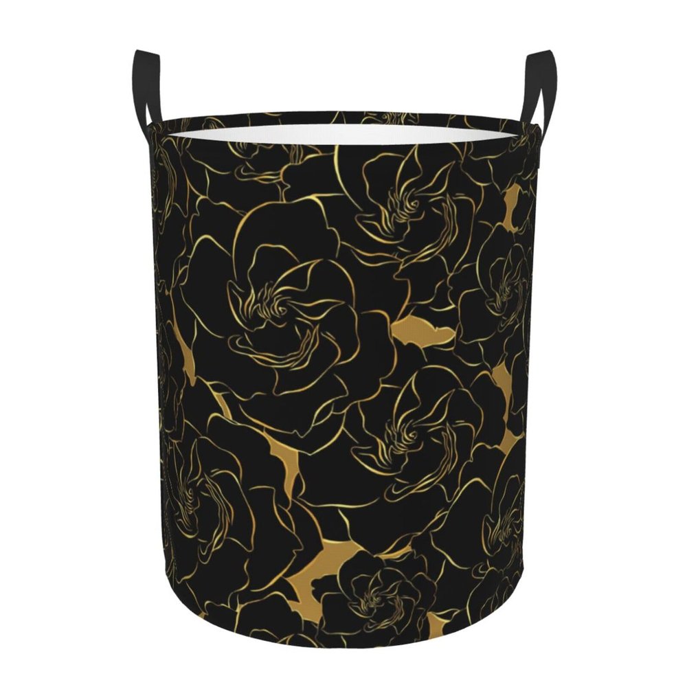 Peony Flower Black Rose Gold Laundry Basket Waterproof Collapsible Laundry Hamper with Durable Handle Circular Dirty Clothes Storage Basket for Bedroom Bathroom College Dorm