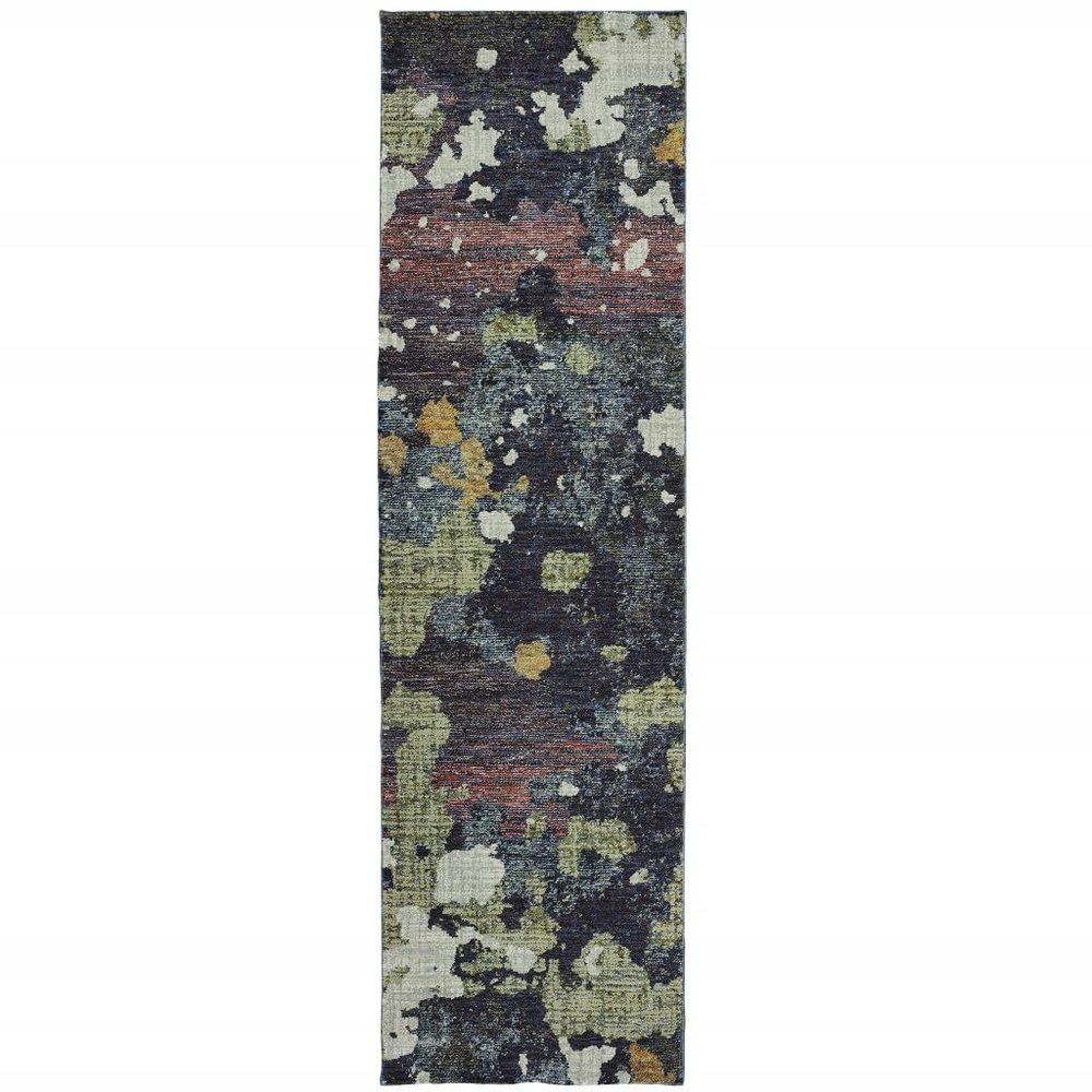 2' X 10' Navy and Green Abstract Power Loom Stain Resistant Runner Rug