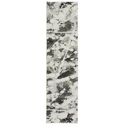 2' X 10' Charcoal and White Abstract Power Loom Stain Resistant Runner Rug