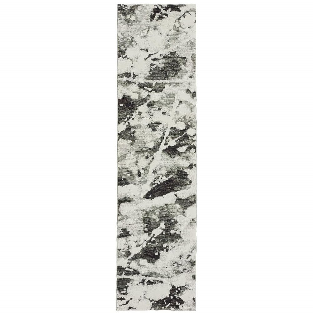 2' X 10' Charcoal and White Abstract Power Loom Stain Resistant Runner Rug