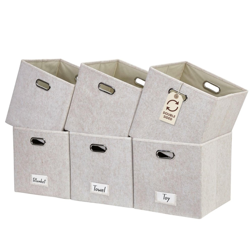 DECOMOMO Felt Storage Bins, 13 inch Cube Storage Bins with Labels for Organization (Cube 13" / 6pcs, Beige)