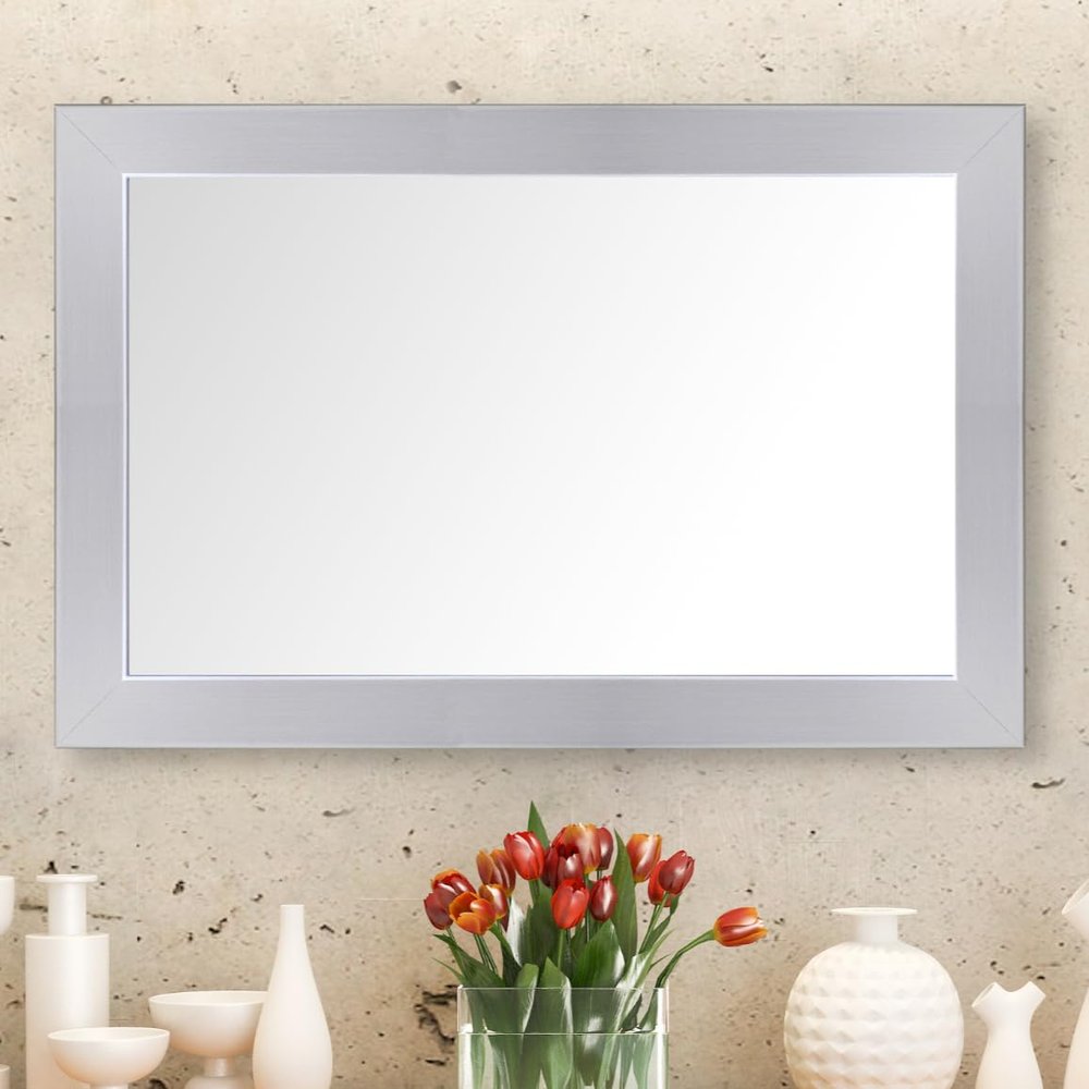 Frame My Mirror Silver Framed Mirror, 32" x 54" Mirror for Bathroom, Wood Frame, True Reflections Glass, Brushed Chrome Finish, Pendleton Design, Hangs Horizontally or Vertically, Made in USA