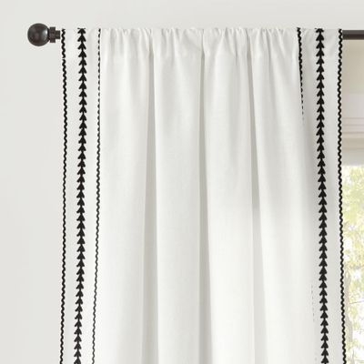 Lush Decor Olivia RIC Rac Embroidery Border Window Curtain Panel Single 42" W x 84" L Light Linen & Black - White Curtains for Living Room Or Bedroom
