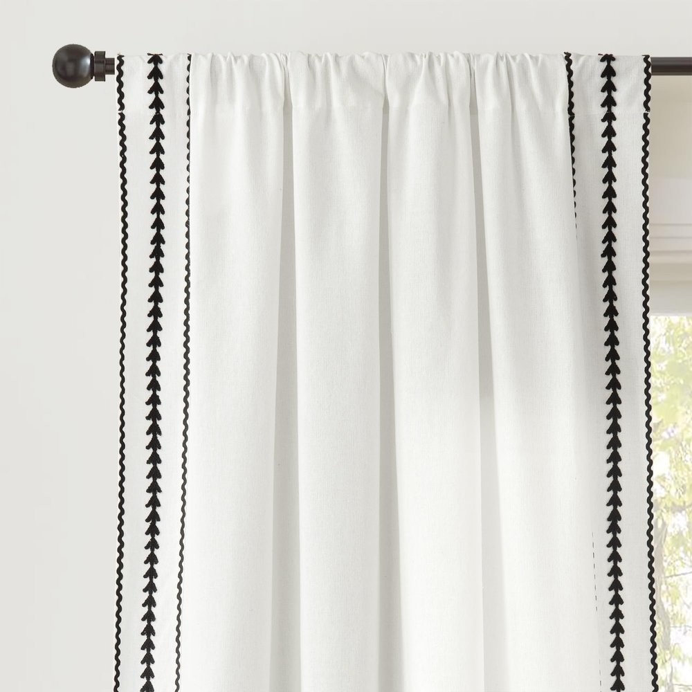 Lush Decor Olivia RIC Rac Embroidery Border Window Curtain Panel Single 42" W x 84" L Light Linen & Black - White Curtains for Living Room Or Bedroom