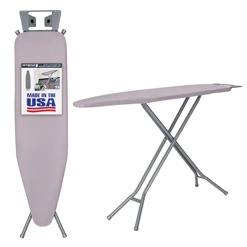 Ironing Board Full Size; Made in USA by Seymour Home Products (Light Grey). Includes Iron Rest, Cover & Pad | All-Steel Frame, 4 Heavy Duty Legs for Extra Support | Diamond Cut Mesh Top; Steam Flow