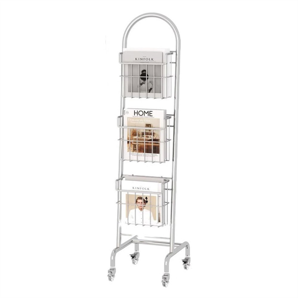 GRFIT Magazine Rack Brochure Stand Magazine Rack, Brochure Display Stand with Wheels, 3 Pockets Magazine Holder Newspaper Stand for Newspaper and Products Exhibition Magazine Display
