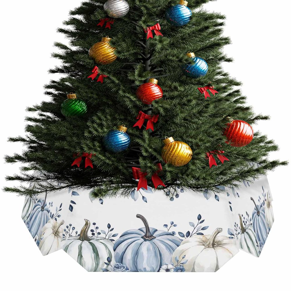 Christmas Tree Collar, Thanksgiving Fall Tree Skirts Xmas Tree Trunk Ring Collar Box Stand Cover for Artificial Trees Base Holder Cover Festival Decor Blue Grey Pumpkin Eucalyptus Leaves Botanical