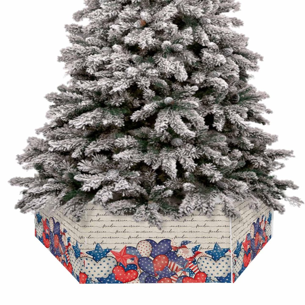 Christmas Tree Collar, 4th of July Tree Skirts Xmas Tree Trunk Ring Collar Box Stand Cover for Artificial Trees Base Holder Cover Festival Decor Independence Day American Love Heart