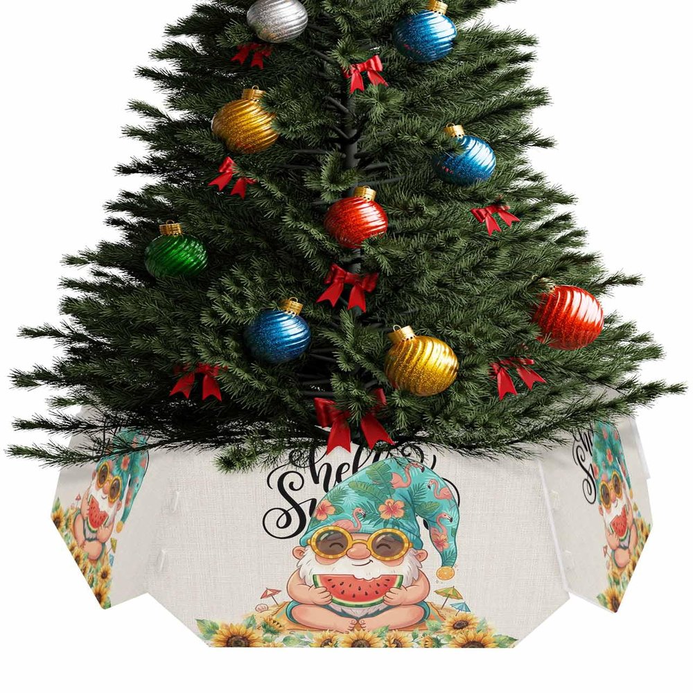 Christmas Tree Collar, Hello Summer Tree Skirts Xmas Tree Trunk Ring Collar Box Stand Cover for Artificial Trees Base Holder Cover Festival Decor Watermolen Gnomes Green Botanical Sunflower
