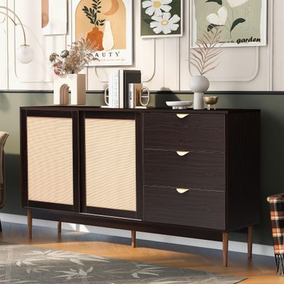Tdewlye Featured Two-Door Large Storage Cabinet with Three DrawersMetal Handles and Rattan Door for Corridors, Entrances, Living Rooms, Study,Hallway,Dinner Room (Brown-@1.2.3)