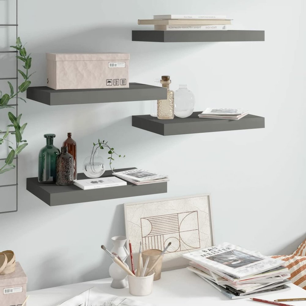 BaraSh Wall Shelves 4 pcs High Gloss Gray 15.7"x9.1"x1.5" MDF Shelving Wall Mounted Shelves for Bedroom Shelves for Wall Wall Shelves