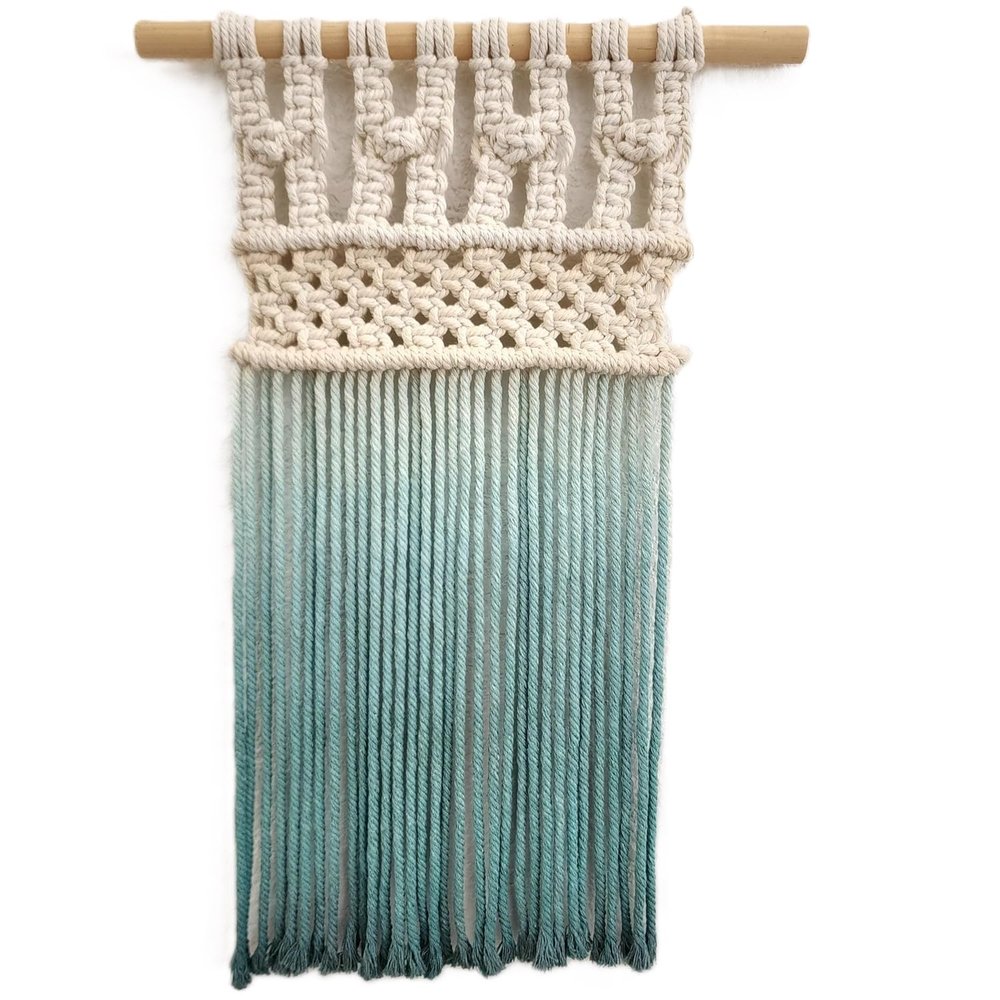 Ombre handmade Teal Macrame wall hanging, Bohemian Wall decor, Dip dyed wall tapestry, Beautiful natural cotton art piece with wooden dowel (Petal Pink)