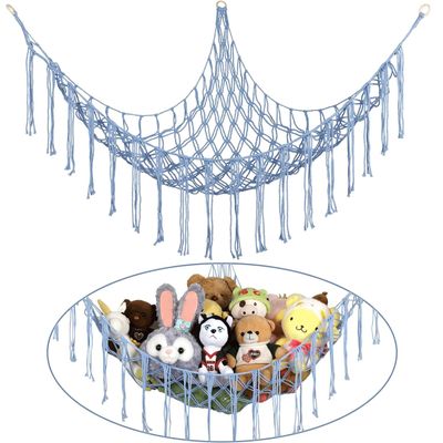 Stuffed Animal Hammock Corner, Hand-knitted Large Plushie Net Toy Hammock with Wooden Rings | Boho Cute Stuff Animal Storage for Nursery & Bedroom | Mesh Kids Toy Organizer Holder Nursery Room Decor