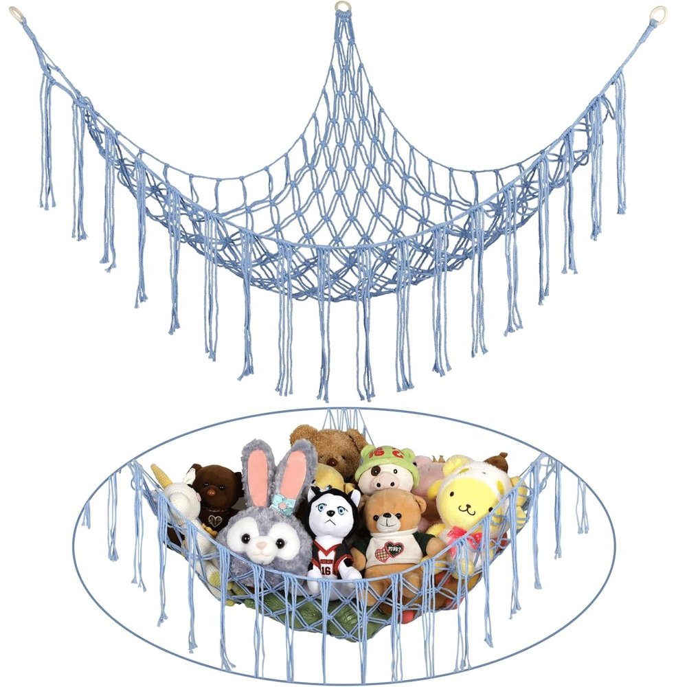Stuffed Animal Hammock Corner, Hand-knitted Large Plushie Net Toy Hammock with Wooden Rings | Boho Cute Stuff Animal Storage for Nursery & Bedroom | Mesh Kids Toy Organizer Holder Nursery Room Decor