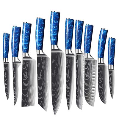 10-Piece Damascus Kitchen Knife Set,Ergonomic Handle for Chef Knife Set,Blue Resin Handle Knife SetKnife Block Set for Chopping,Bread Knife,Paring Knife,Razor-Sharp