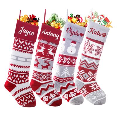 Dreamdecor Personalized Christmas Stockings with Names Monogram, 18 Large Family Knitted Xmas Stocking with Leather Nameplate for Kids, 1 Pack Customized Christmas Stockings for Fireplace Holiday