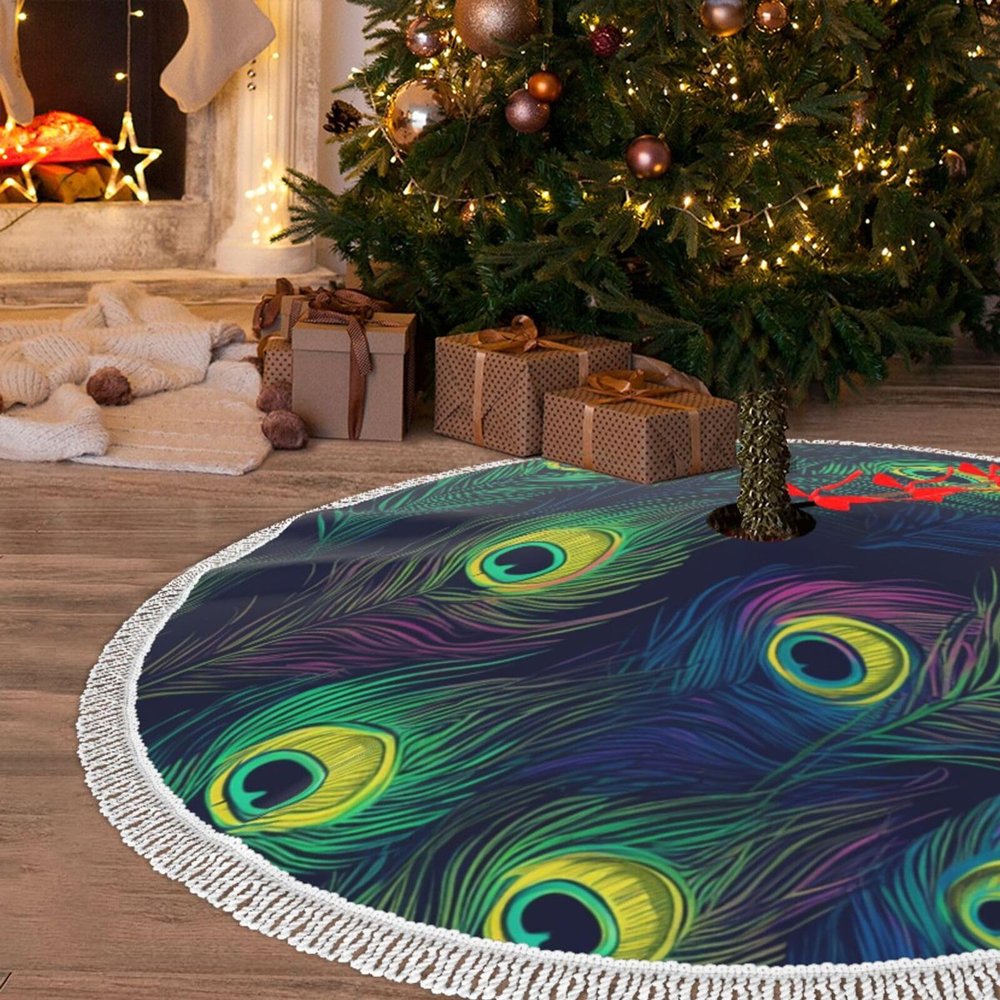 Christmas Tree Skirt with Tassel 36" Peacock Feathers Pattern Christmas Tree Mat Cover Xmas Tree Skirt for Xmas Holiday Party Christmas Decoration Ornaments Tassel Tree Skirt for Happy New Year