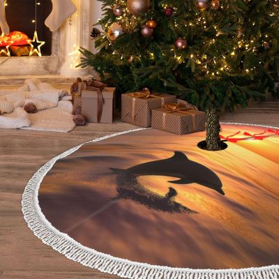 Christmas Tree Skirt with Tassel 48" Dolphin and Sunset Christmas Tree Mat Cover Xmas Tree Skirt for Xmas Holiday Party Christmas Decoration Ornaments Tassel Tree Skirt for Happy New Year