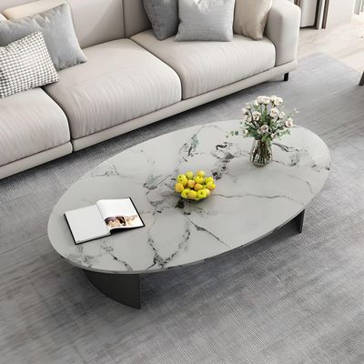 CraftThink Coffee Table, Mid Century Modern Oval Stone Tabletop SideTable Coffee Table with Double Pedestal Metal Base for Living Room Center -Jadeite 47" L x 23.5" W x 18" H