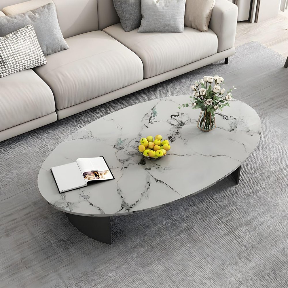 CraftThink Coffee Table, Mid Century Modern Oval Stone Tabletop SideTable Coffee Table with Double Pedestal Metal Base for Living Room Center -Jadeite 47" L x 23.5" W x 18" H