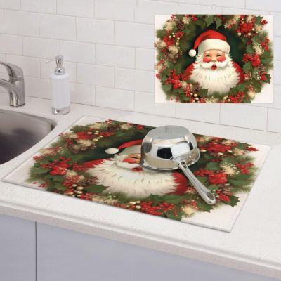 Christmas Holiday Santa Claus Wreath Dish Drying Mat for Kitchen Counter Absorbent Dish Drying Pad Non Slip Kitchen Drying Mat Coffee Mat Microfiber Dish Mat for Sink Dishes Countertop Draining Racks