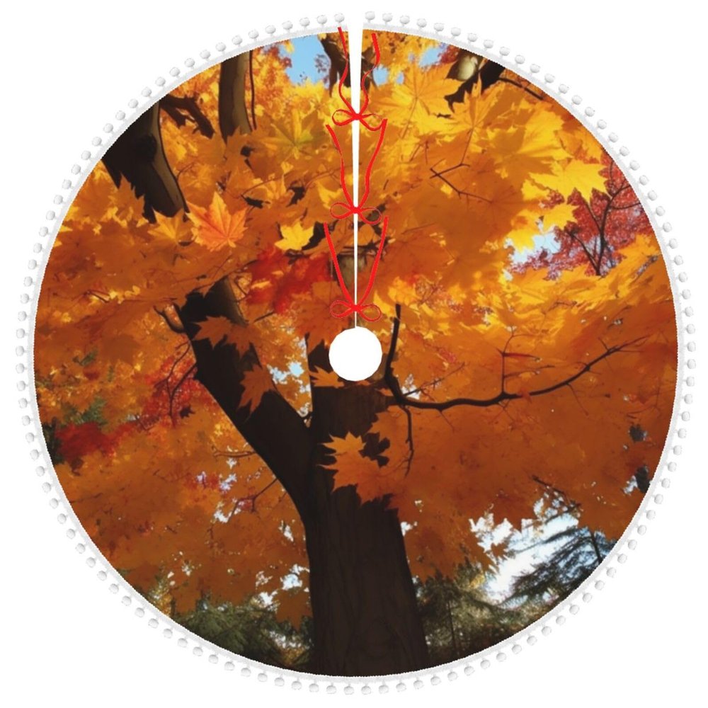 Autumn Maple Christmas Tree Skirt with Pom Pom Trim Xmas Tree Skirt for Holiday Party Soft Christmas Decorations Christmas Tree Mat Base Cover for New Yea Decoration