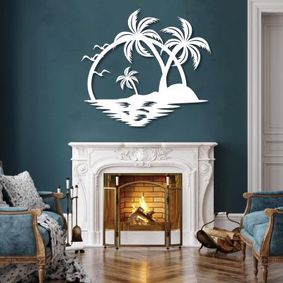 Metal Wall Art, Coastal Wall Decor, Tropical Beach Metal Wall Decor, Metal Palm Tree Wall Decor, Tropical Beach Wall Art, Sun Wall Art, Metal Palm Tree, Sunset by Ocean, Home Decor (White, 30"x33"|76x84cm)