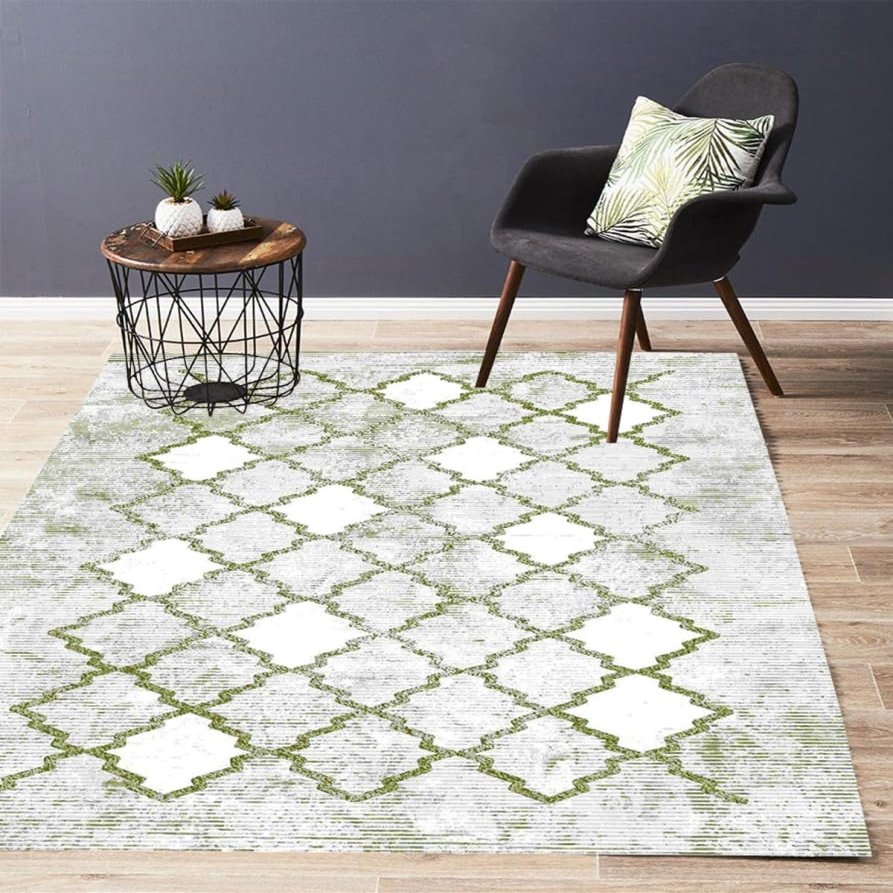 Moroccan Diamond Distressed Classical Green Grey Rug 4x6 Contemporary Abstract Area Rug for Livingroom Diningroom Bedroom Washable Retro Carpet