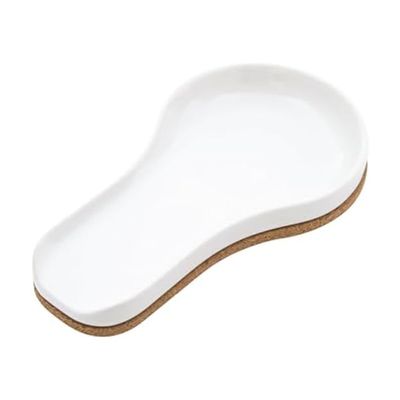 Kamenstein Ceramic and Cork Spoon Rest for Kitchen Counter and Stovetop Protection from Spills and Scratches, natural cork and white ceramic