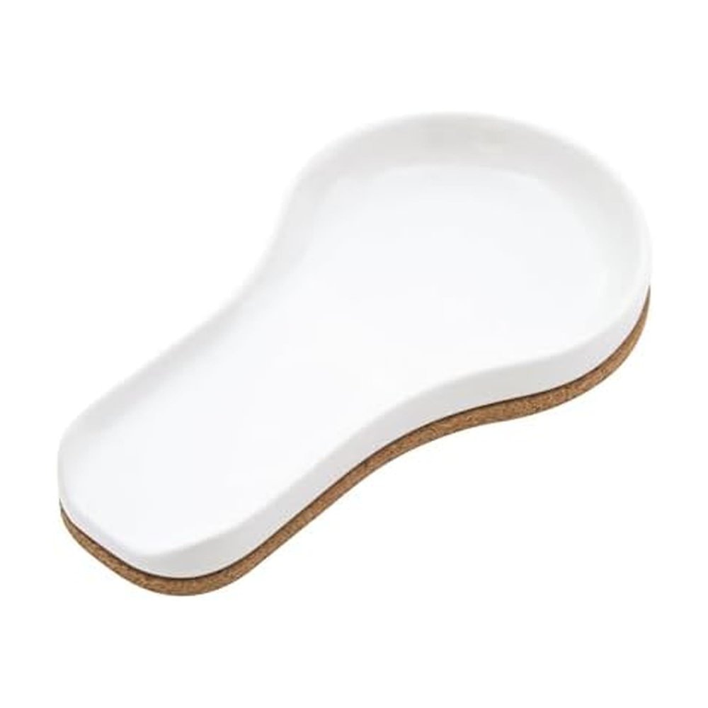 Kamenstein Ceramic and Cork Spoon Rest for Kitchen Counter and Stovetop Protection from Spills and Scratches, natural cork and white ceramic