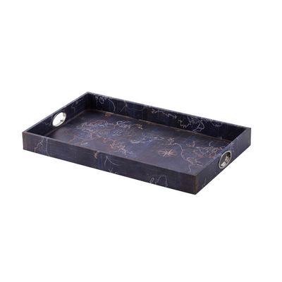 Benjara BM302624 25 in. Gold Map Design Rectangular Decorative Trays Deep Blue - Set of 2
