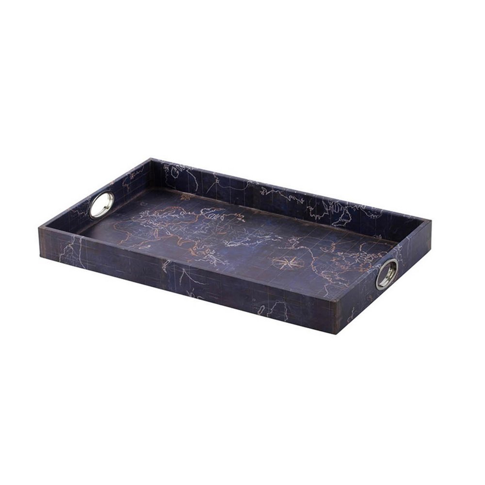 Benjara BM302624 25 in. Gold Map Design Rectangular Decorative Trays Deep Blue - Set of 2
